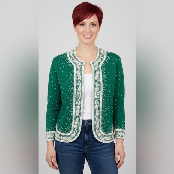 DOREEN LOK Vintage 60s Green Wool White Beads 3/4 Sleeves Cardigan Sweater 36/4 - Picture 1 of 13